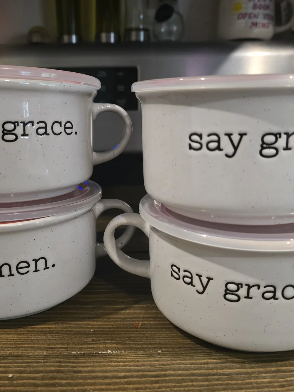 White 'Say Grace' Ceramic Soup Mugs with Lids - Set of 4